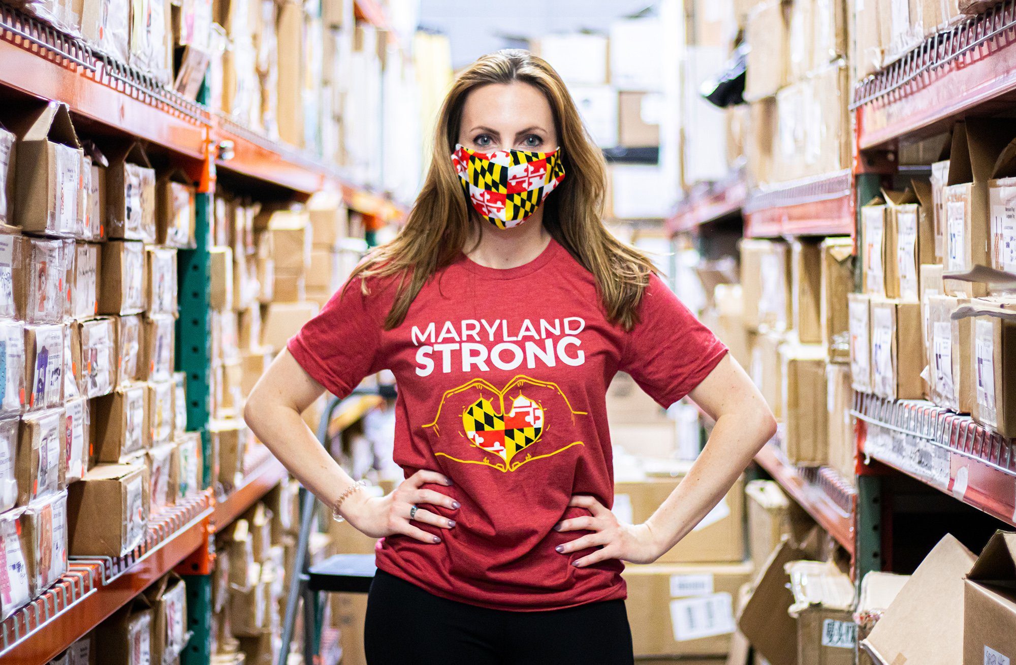 Von Paris is wearing a Maryland Strong shirt and mask, part of Route One Apparel’s coronavirus pandemic-inspired line