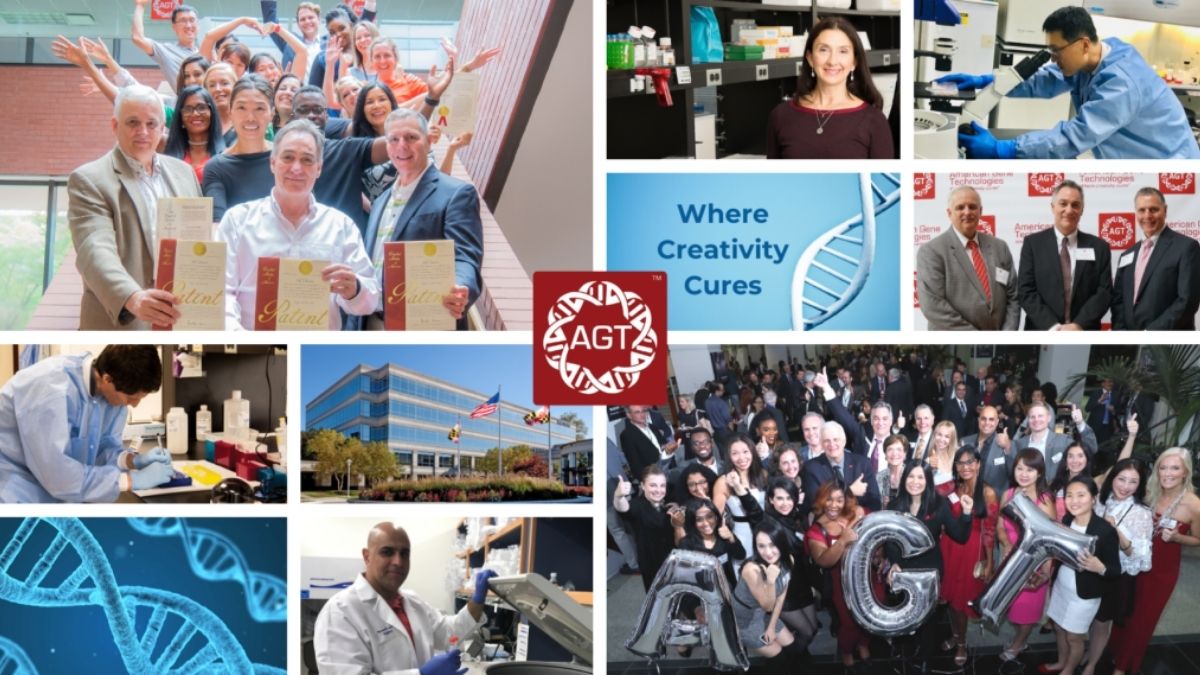 Collage of photos of AGT employees, scientists in the lab, and the AGT office building
