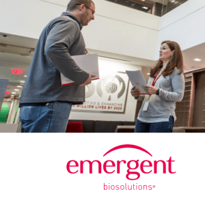 Emergent logo with "Now Hiring" sign, photo of two Emergent employees talking in an office