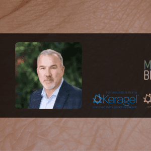 Headshot of Kevin Combs, CEO of Molecular Biologicals, with the MB logo as well as the logos for its Keragel and Keramatrix products