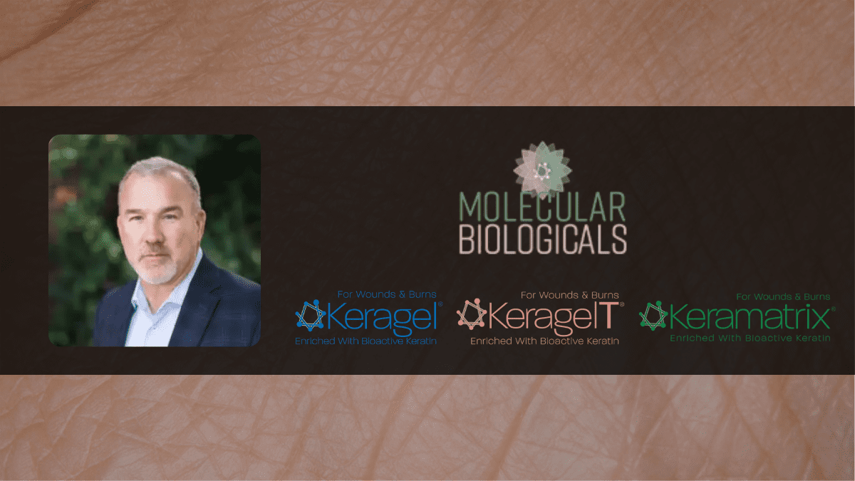 Headshot of Kevin Combs, CEO of Molecular Biologicals, with the MB logo as well as the logos for its Keragel and Keramatrix products