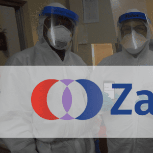 Zalgen logo overlaying a photo of three laboratory workers in PPE