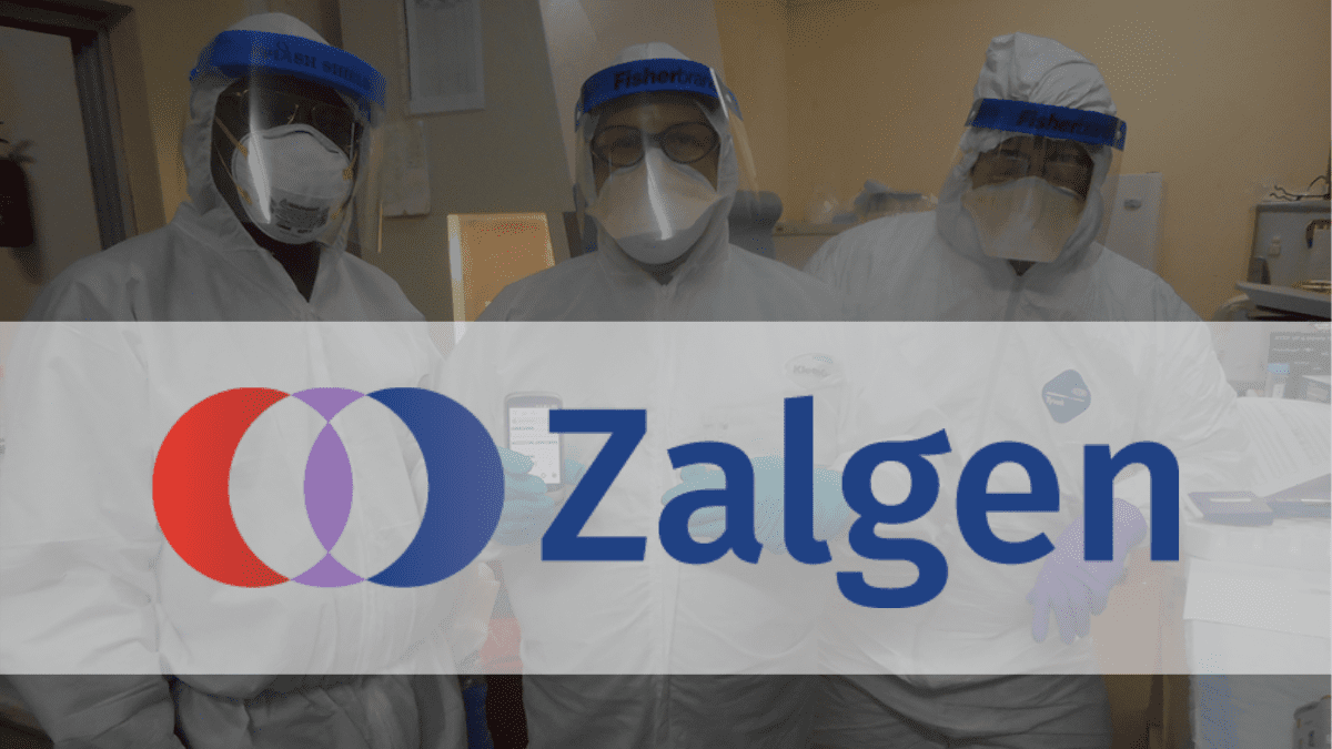 Zalgen logo overlaying a photo of three laboratory workers in PPE
