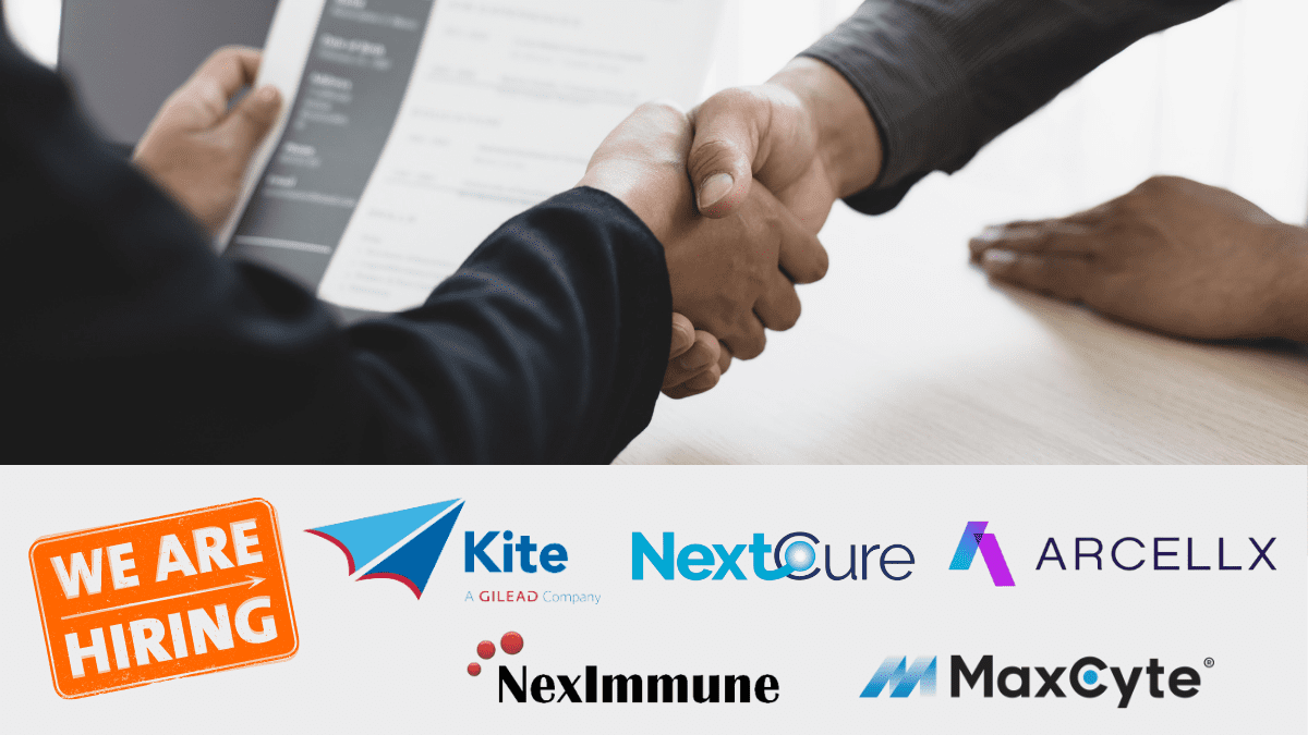 Two businesspeople shaking hands, with logos of Kite Pharma, NextCure, Arcellx, NexImmune, and MaxCyte