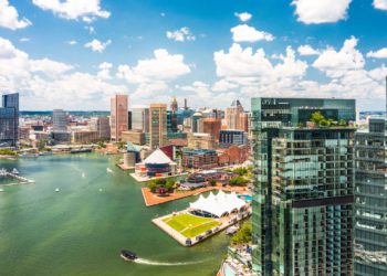 Aerial view of Baltimore Inner Harbor and skyline. Baltimore is the most populous city in the U.S. state of Maryland