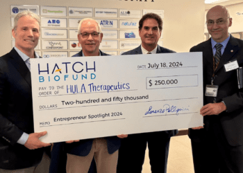 PICTURE: (L-R) Steve Gelone, CEO of HULA Therapeutics;  John M. Maris, MD, founder of HULA; Lou Kassa, CEO of the PABC; and Lorenzo Pellegrini, managing partner of the Hatch BioFund.